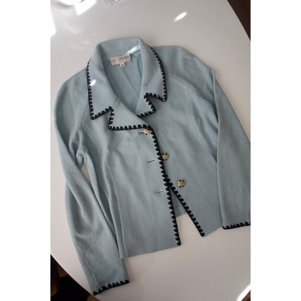 Vintage St. John Blue Knit Jacket with Contrast Trim & Gold Buttons – Size 8
